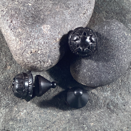 Shiny Stud Earrings | Carved studs, black flower post earrings. Ebony wood