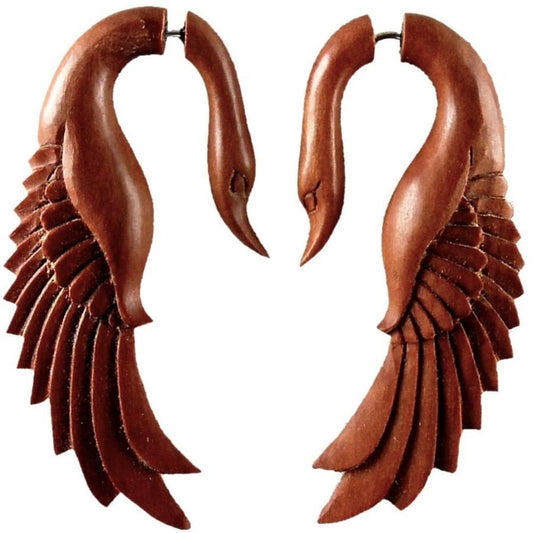 Drop Tribal Earrings | Fake Gauges :|: Swan. Fake Gauges. Natural Rosewood, Wood Jewelry. | Tribal Earrings