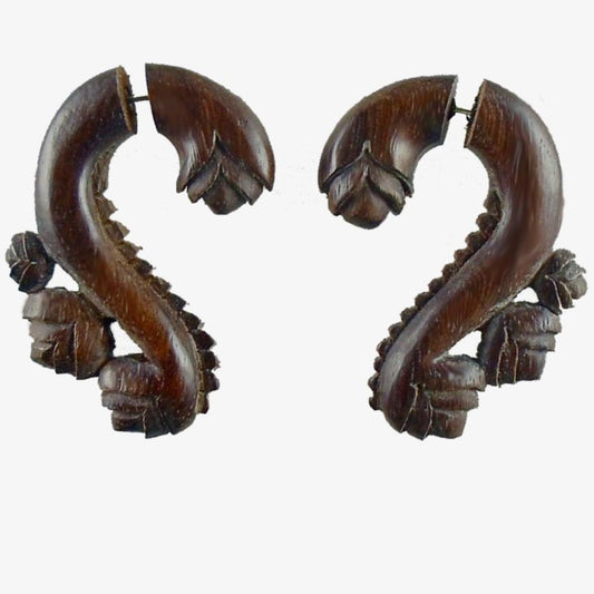 Dangle Tribal Earrings | Fake Gauges :|: Evolving Vine, rosewood, Tribal Fake Gauges. Wood Jewelry. | Tribal Earrings