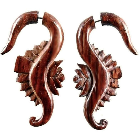 Piercing Tribal Earrings | Fake Gauges :|: Seahorse Flower. Fake Gauges. Natural Rosewood, Wood Jewelry. | Tribal Earrings