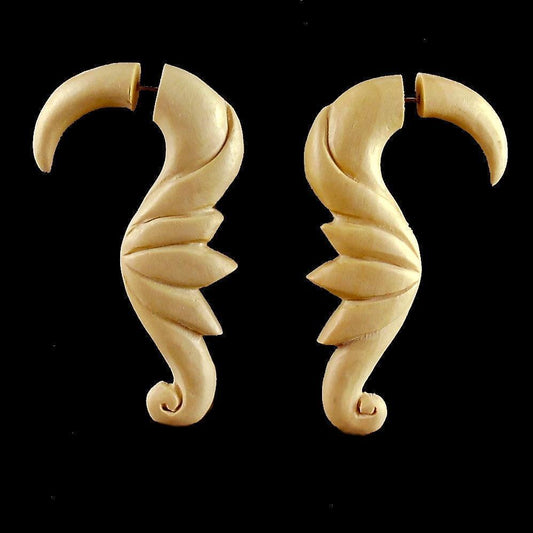 Fake gauge Wooden Earrings | Tribal Earrings :|: Soaring Birds. Silken Ivorywood Tribal Fake Gauge Earrings | Fake Gauge Earrings
