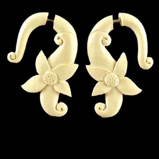 Fake body jewelry Earrings for Sensitive Ears and Hypoallerganic Earrings | Tribal Earrings :|: Moon Flower. Silken Ivorywood Fake Gauge Earrings | Fake Gauge Earrings