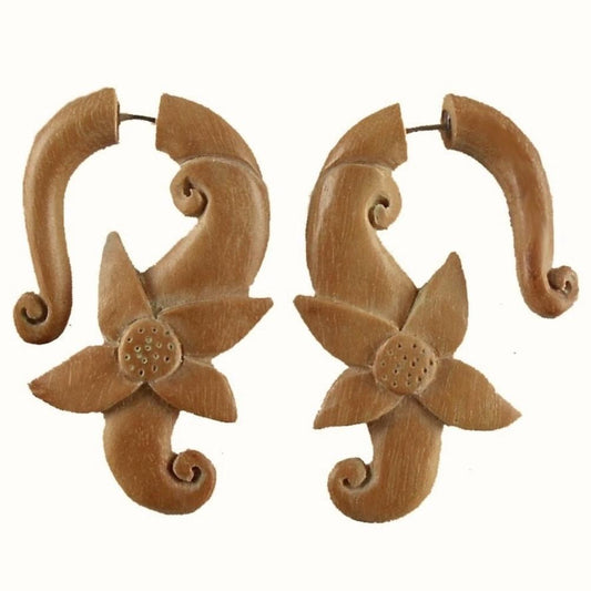 Faux gauge Wood Earrings for Women | Tribal Earrings :|: Moon Flower. Sapote Wood Tribal Earrings. | Fake Gauge Earrings