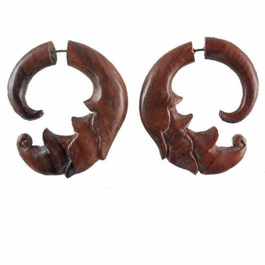 Large Tribal Earrings | Fake Gauges :|: Ginger Flower, Rosewood. Fake Gauges Tribal Earrings, natural. | Tribal Earrings
