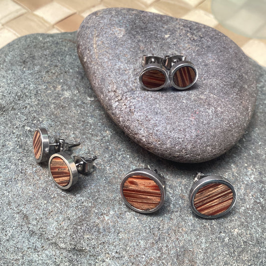 New Stud Earrings | Stripped Coconut wood and stainless steel round stud earrings.