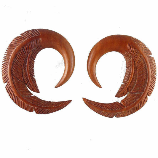 Brown Wood Body Jewelry | Body Jewelry :|: Feather. Fruit Wood 00g gauge earrings.