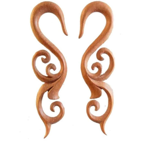 Brown 4 gauge earrings | 4 gauge earrings, hanging, long, wood, spiral, womens.