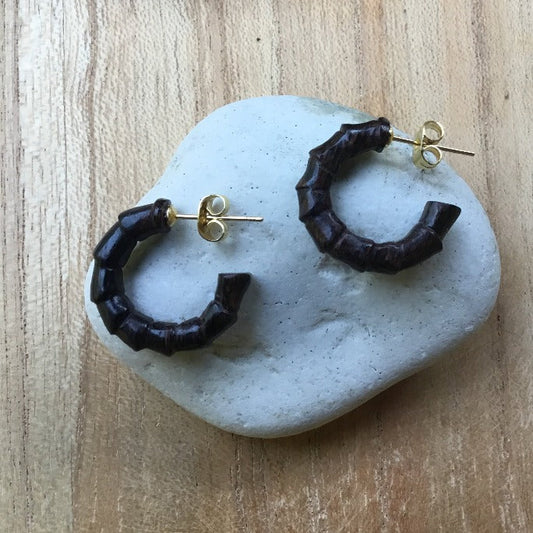 Huggie hoop Wood and Metal Earrings | scuplted bamboo, natural black wood and gold earrings.