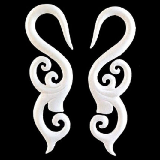 Carved Bone Jewelry | long white hanging gauge earrings. womens.