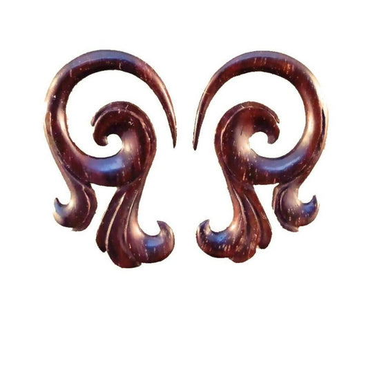 Carved Wood Body Jewelry | 6 gauge earrings, wood. hanging spiral.