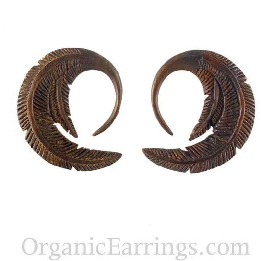 Wood Gauges | Feather. 8 gauge Rosewood Earrings. 1 1/4 inch W X 1 1/4 inch L