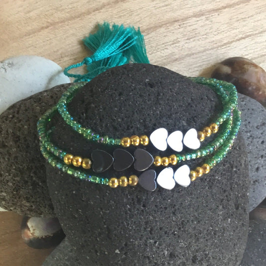 Tassel Stackable Bracelet | Blue stack bracelets, beads with hearts.