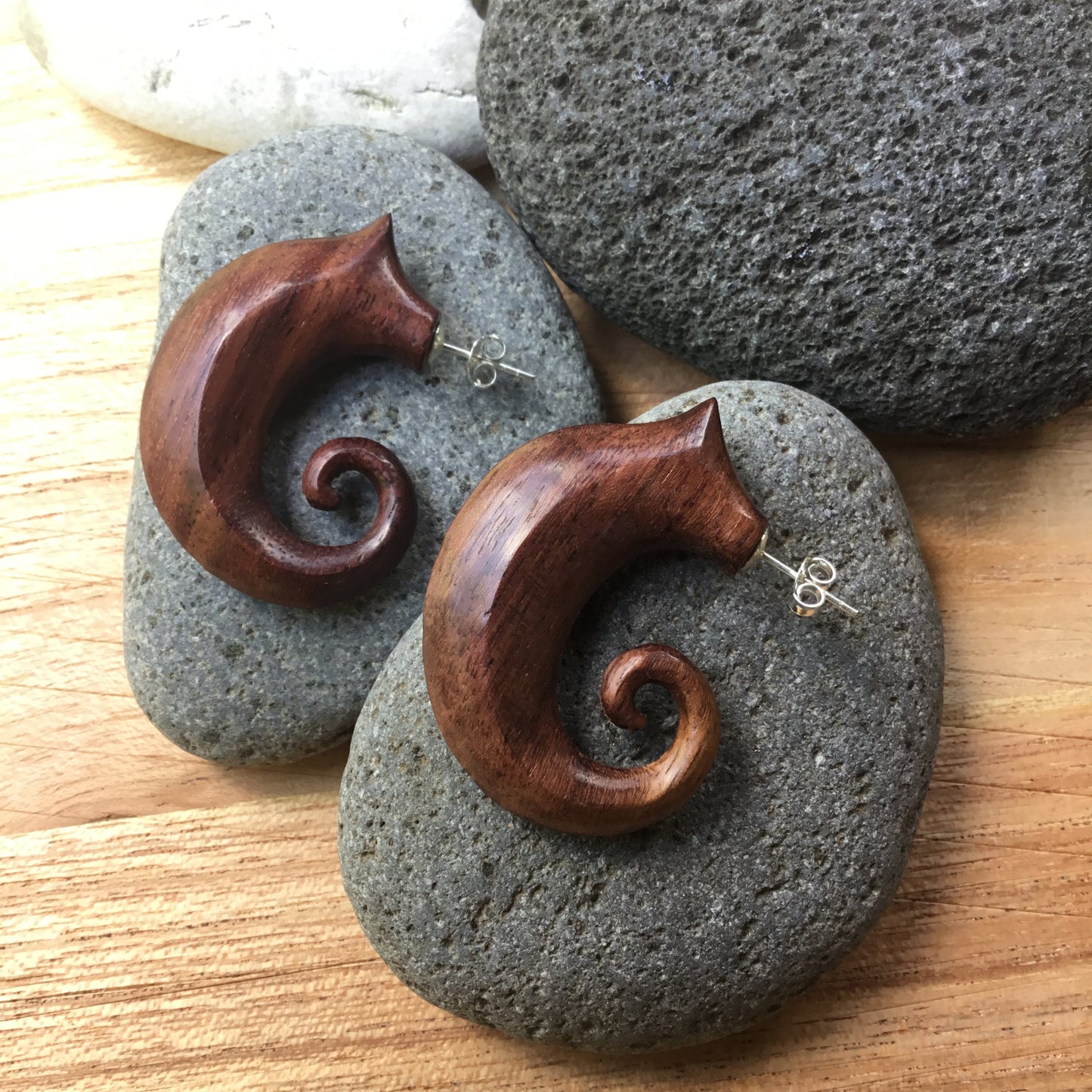 Carved Rosewood Spiral Tribal Curve Stud Earrings, Sterling Silver