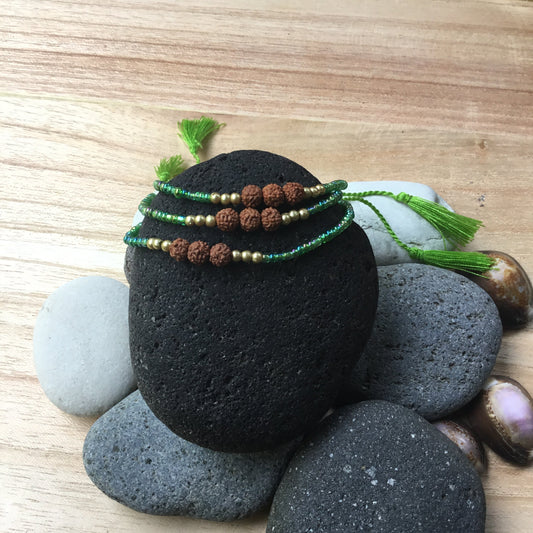 New Bead Bracelet | Stackable green bead strand bracelet with Rudraksha.