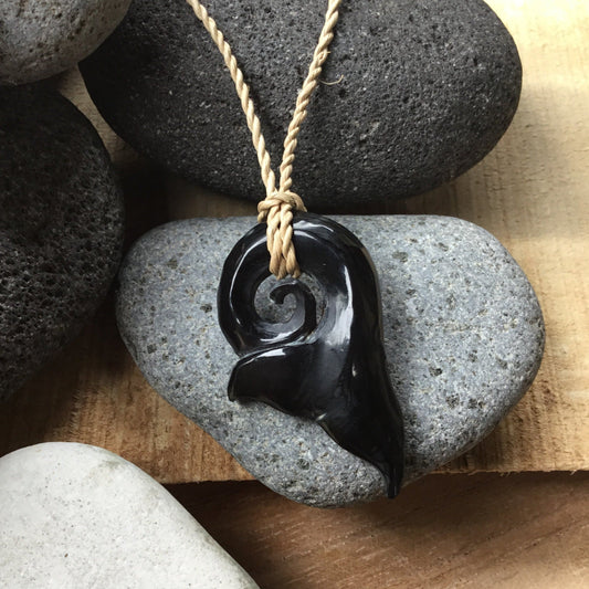 Ocean Bone Necklaces | whale necklace, black. carved whale tail.