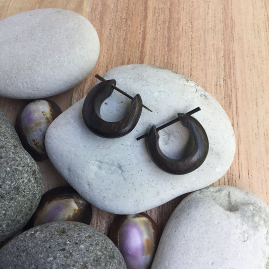 Small Carved Jewelry and Earrings | wooden hoop earrings, small, black.