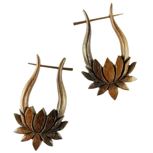 Hanging Carved Jewelry and Earrings | Wood Jewelry :|: Lotus, wood. Hippie Dangle Earrings.
