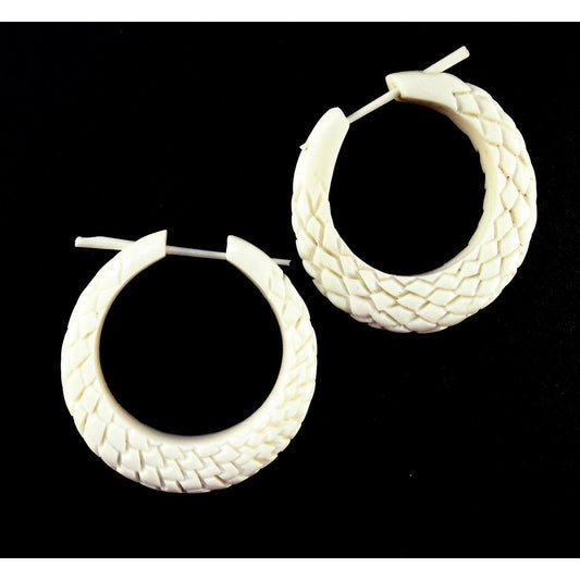 Circle Carved Jewelry and Earrings | Bone Jewelry :|: Serpent Hoop. White Earrings, bone.