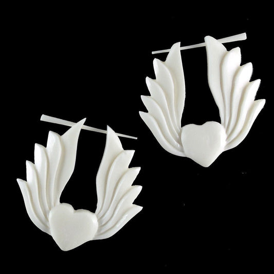 Boho White Earrings | bone-earrings-Flying Heart. White Earrings, bone.-er-216-b