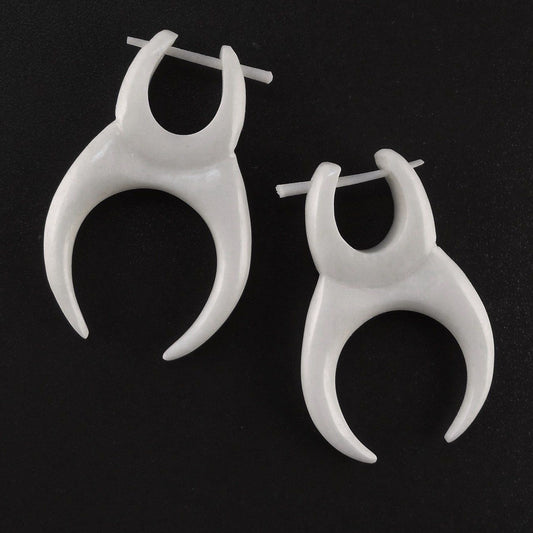 Stick and Stirrup Earrings | bone-earrings-Crescent, white. Tusk Earrings, Bone Jewelry.-er-24-b