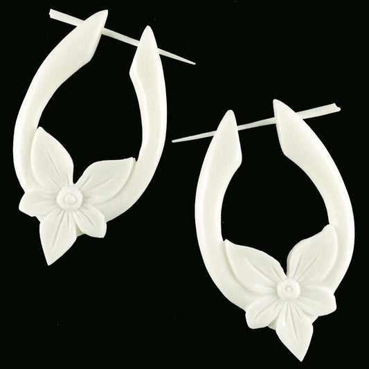 Large hoop Bone Earrings | bone-earrings-Star Flower Earrings, Carved Bone.-er-57-b