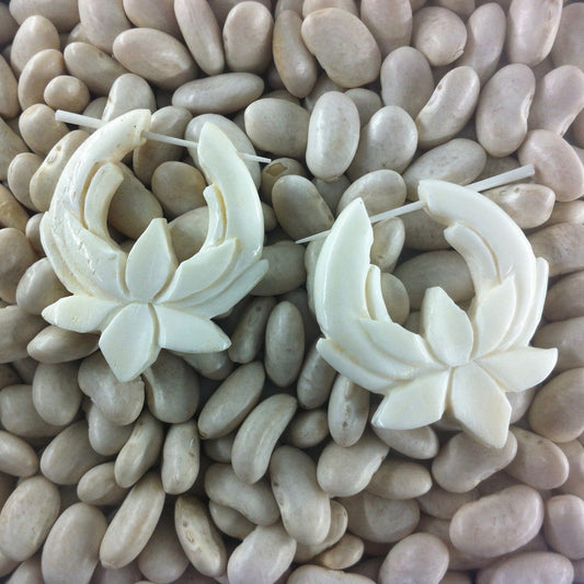 Large hoop White Flower Earrings | Bone Jewelry :|: Bone Lotus Hoop Earrings. Metal-free hypoallegenic jewelry.
