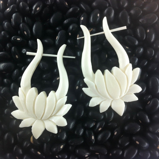 Water lily Tribal Earrings | bone-earrings-Lotus. Carved Bone Jewelry, Natural Earrings.-er-95-b
