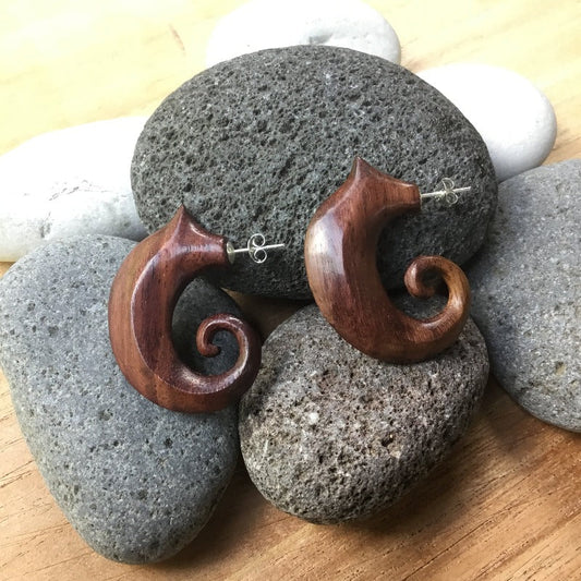 Hoop Silver and Wood Jewelry | carved wood earrings