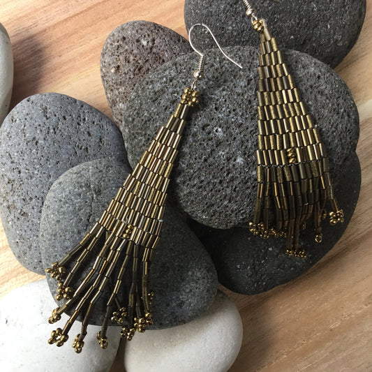 Shiny Long Earrings | Super long bead earrings, Bronzed glass. Cocktail Earrings.