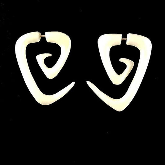 Maori Carved Jewelry and Earrings | Fake Gauges :|: Island Triangle Spiral tribal earrings.