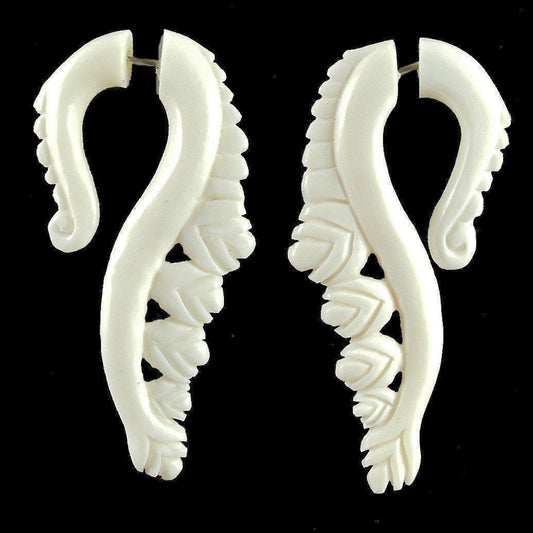 White Stick and Stirrup Earrings | Tribal Earrings :|: Glowing Flower. Bone Tribal Earrings.