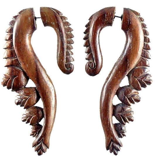 Split gauge Nature Inspired Jewelry | Fake Gauges :|: Luminous Flower, Rosewood. Faux Gauge Earrings. Natural Wood Jewelry. | Tribal Earrings