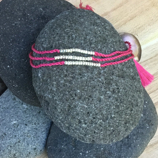 Pink Bead Bracelet | fuschia and silver stack bracelet set.