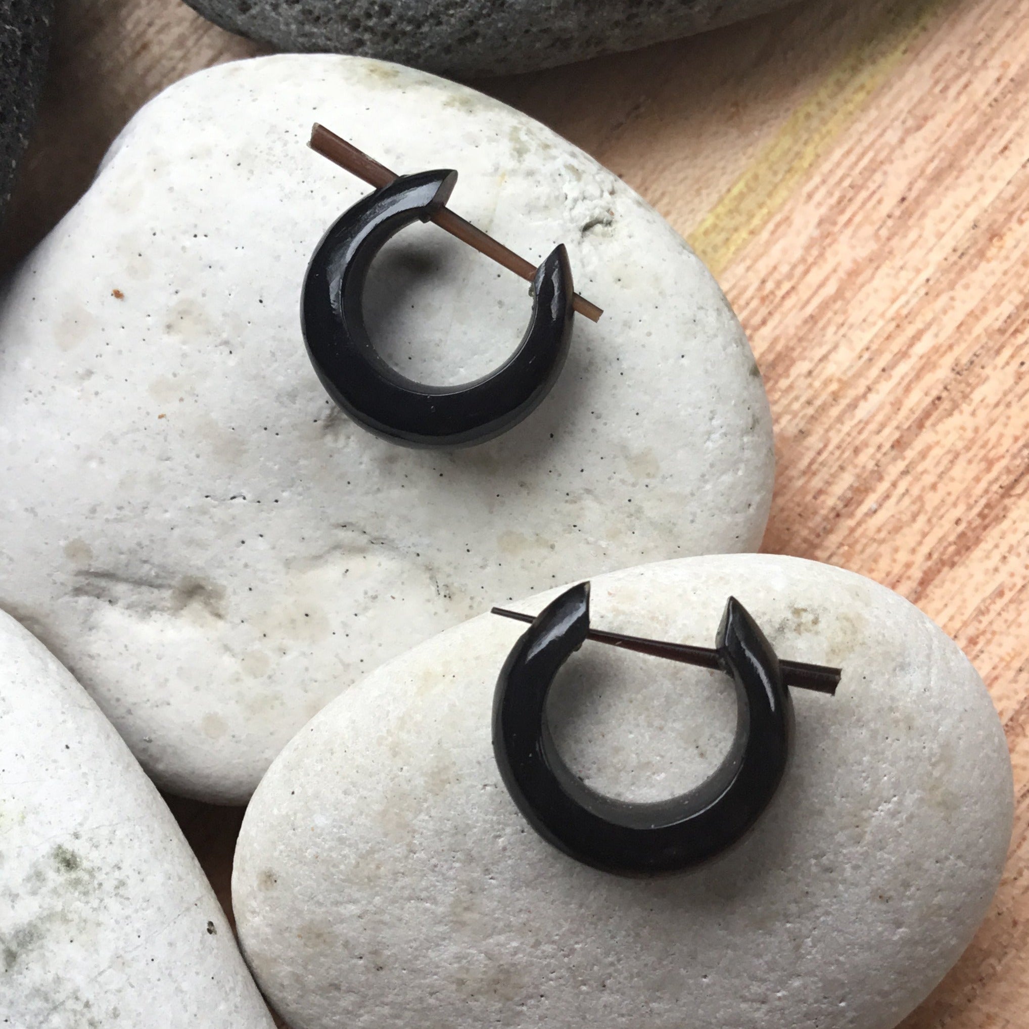 Black Earrings  Basic Hoops, Horn, 5/8 inch L x 5/8 inch W.