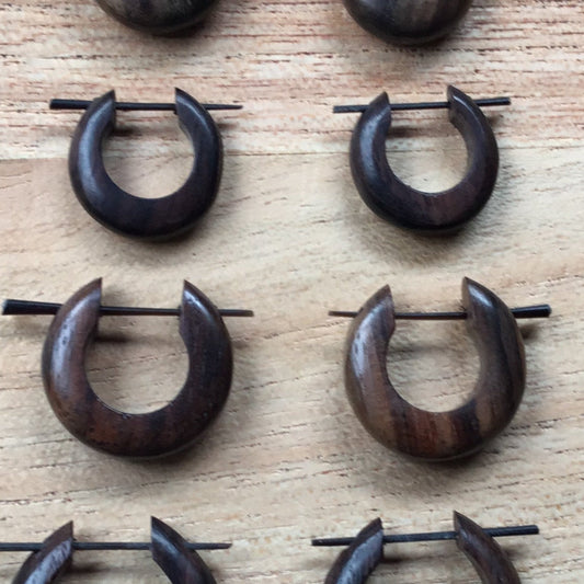 Huggie Wood Earrings | Rosewood hoop earrings 2 pair Stack Set. 2 sizes: 5/8 inch and 7/8 inch.