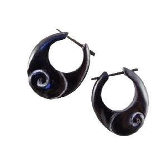 Hypoallergenic Jewelry | Horn Jewelry :|: Spiral Inward, hoop earrings. Black Earrings.
