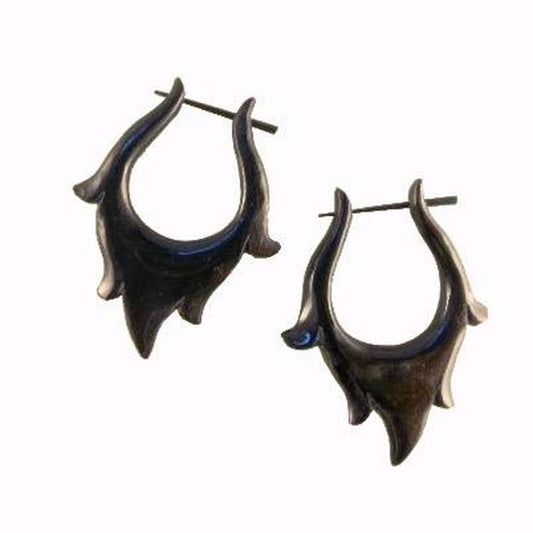 Carved Black Earrings | Horn Jewelry :|: Fire Leaf. Black Earrings.