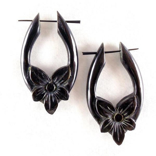 Flower Tribal Earrings | Horn Earrings, Black hoop.