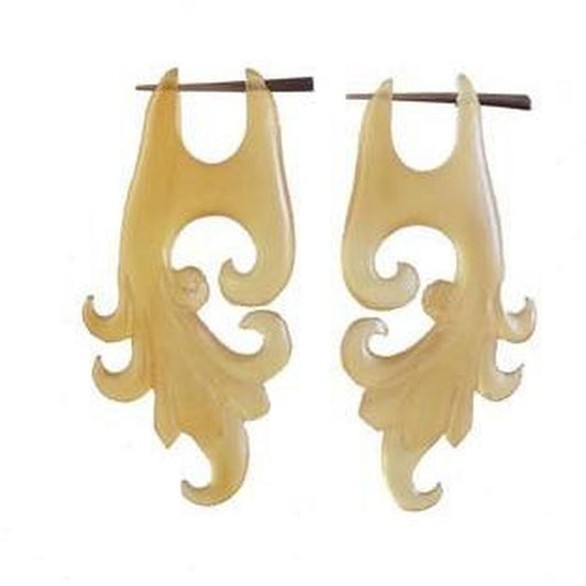 Buffalo horn Tribal Earrings | Natural Jewelry :|: Amber Horn Tribal Earrings. Long Hanging Spirals | Tribal Earrings