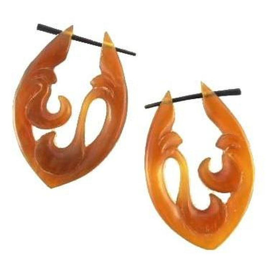 Long Carved Earrings | Waterfalls, Long Pointed Hoop earrings Amber Horn Earrings.
