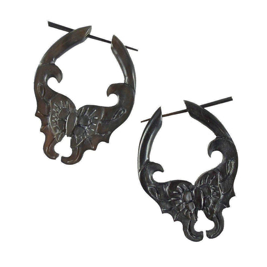 Hippie Horn Earrings | Black Butterfly Earrings, Tribal-Gothic.