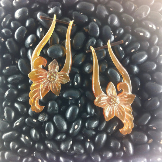Hippie Flower Earrings | Venus Orchid, Carved Flower Earrings. Amber Horn