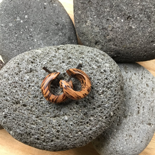Tribal Small Hoop Earrings | Huggie hoop earrings. Coconut wood. Unisex, size, 5/8 inch L x 5/8 inch W.