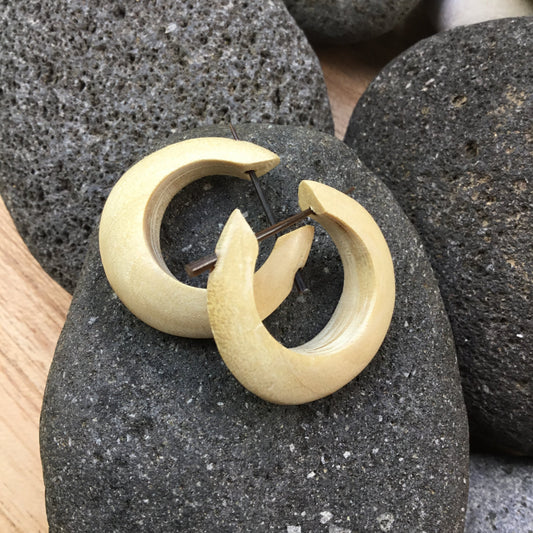 Ivory color Carved Jewelry and Earrings | large wood earrings, hoops.