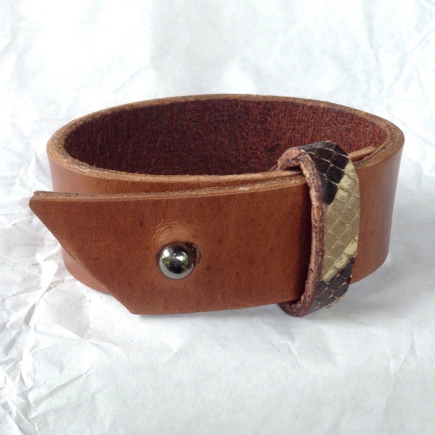 Belt cuff style Python strap, Oiled Buckskin lined Caramel leather bracelet.