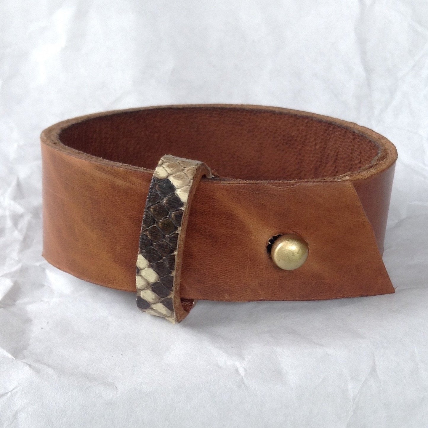 Belt cuff style Python strap, goatskin lined Caramel leather bracelet.
