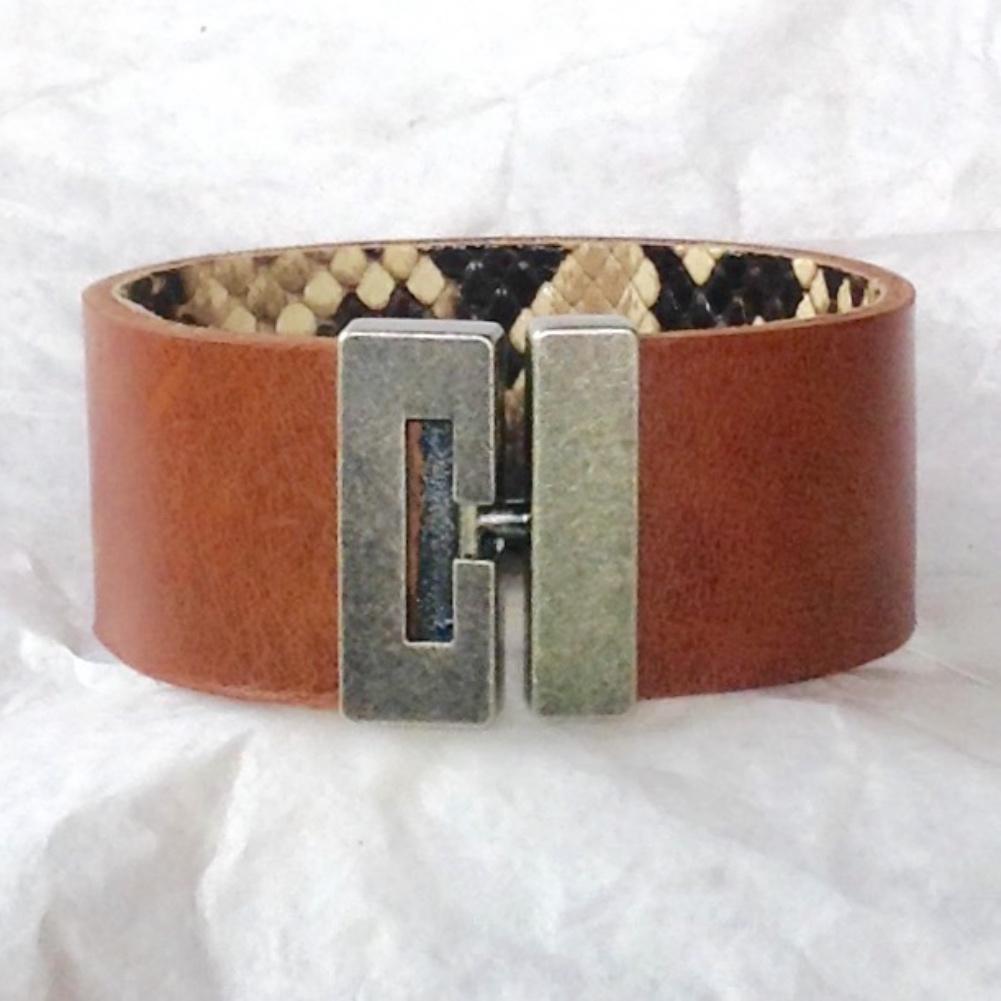 T bar clasp python and caramel leather cuff bracelet.