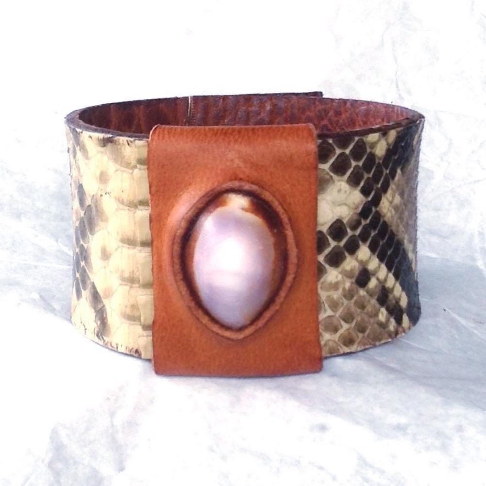 Lavender Cowrie and Python Cuff, Reversible Leather Bracelet, shell set in buckskin.