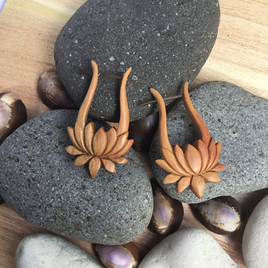 Long Lotus Earrings | lotus earrings, wood.