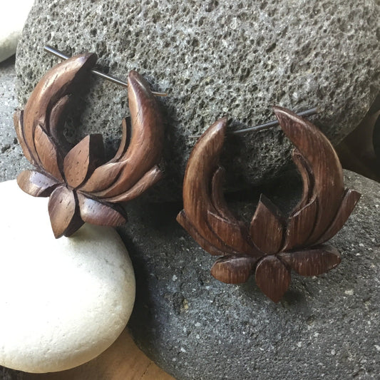 Piercing Wooden Hoop Earrings | Lotus Flower Earrings.